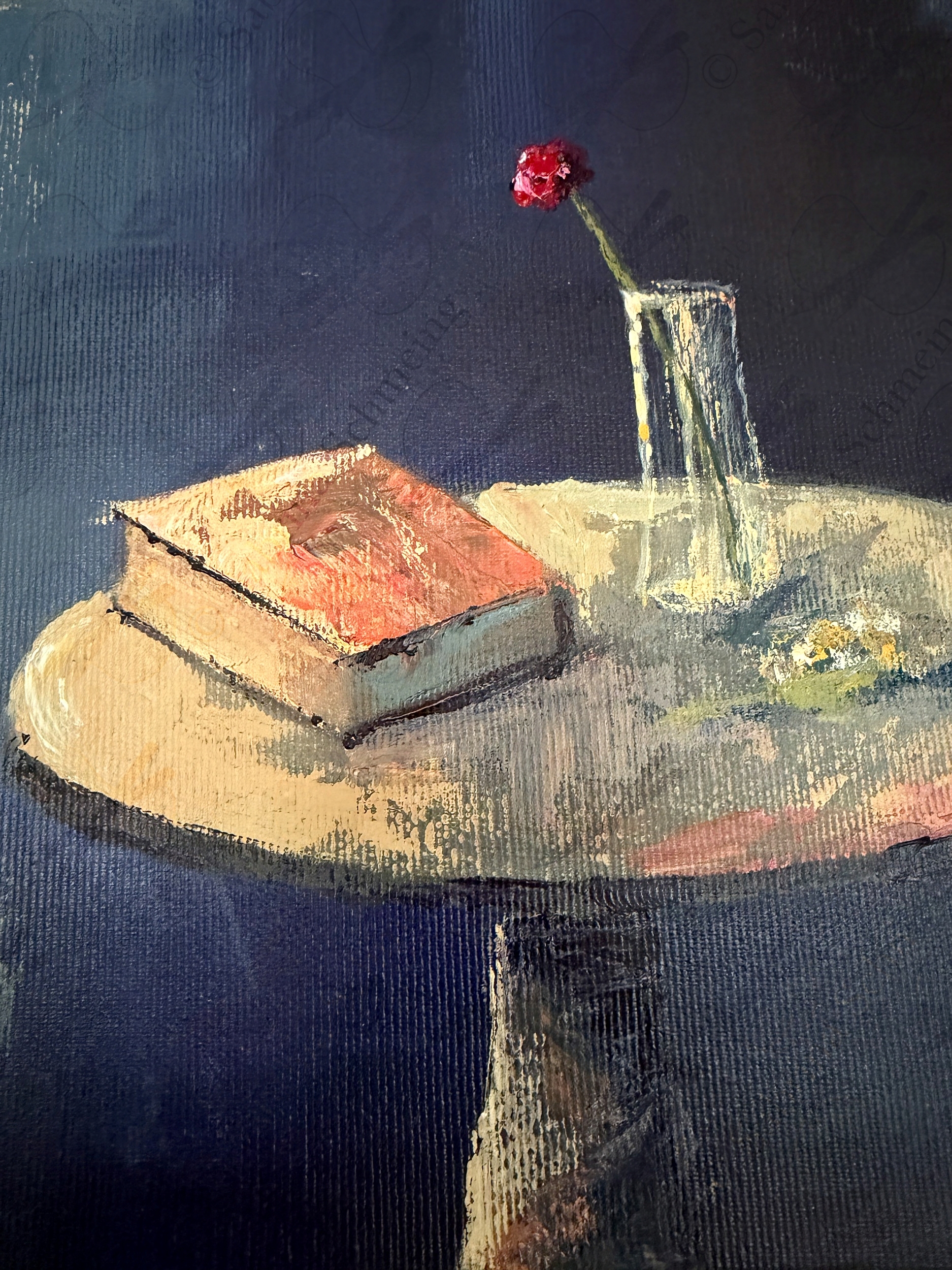 Kunstwerk "Die andere Welt" von Sabrina Schmeing © 2026. Ausschnitt aus dem Gesamtwerk mit dem Fokus auf den Tisch. Acryl auf Leinwand.