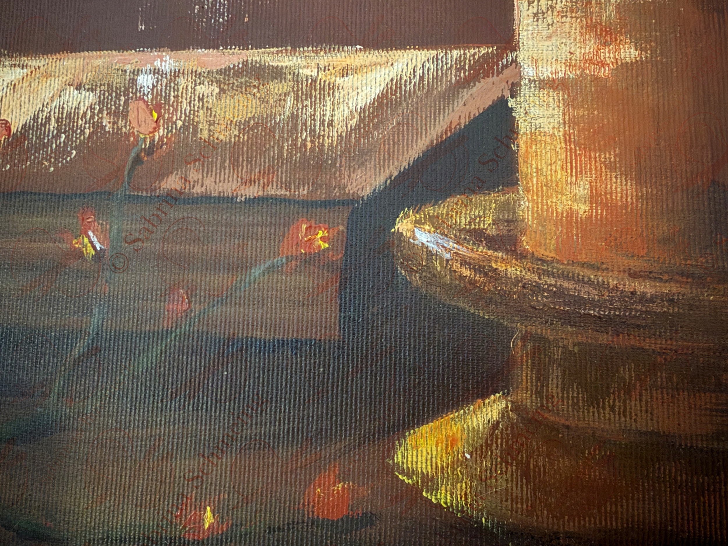Detailaufnahme des Acrylgemäldes "Veränderung" von Sabrina Schmeing. Es zeigt die Struktur der Leinwand, sowie die Reflektion von Licht durch die Acrylfarbe.