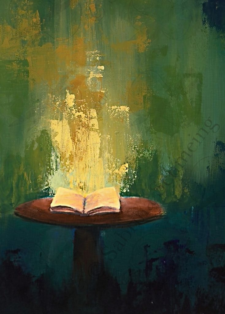 Detailaufnahme des Tisches samt offenem Buch aus dem Kunstwerk "Die andere Welt 3".