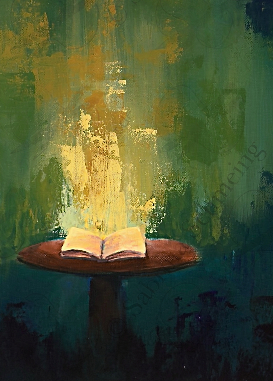 Detailaufnahme des Tisches samt offenem Buch aus dem Kunstwerk "Die andere Welt 3".