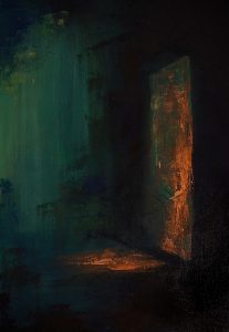 Detailfoto des Acrylwerks "Die andere Welt 3". Im Fokus ist eine Tür.