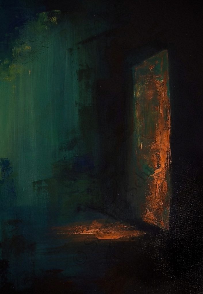 Detailfoto des Acrylwerks "Die andere Welt 3". Im Fokus ist eine Tür.