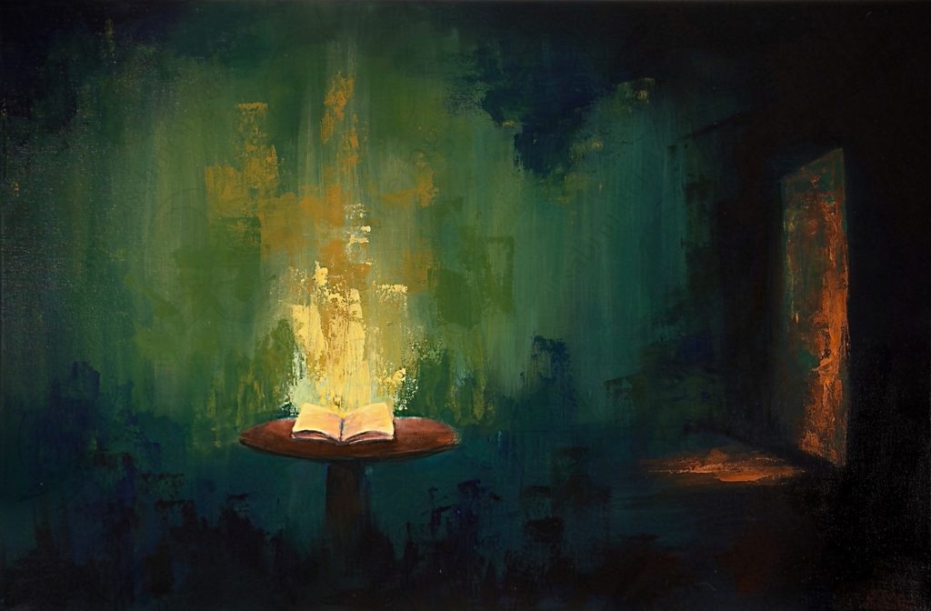 Foto des in Acryl gemalten Kunstwerks "Die andere Welt 3". Im Fokus stehen ein leuchtendes, offenes Buch und eine offene Tür. Der Rest des Bildes ist dunkel und abstrakt.